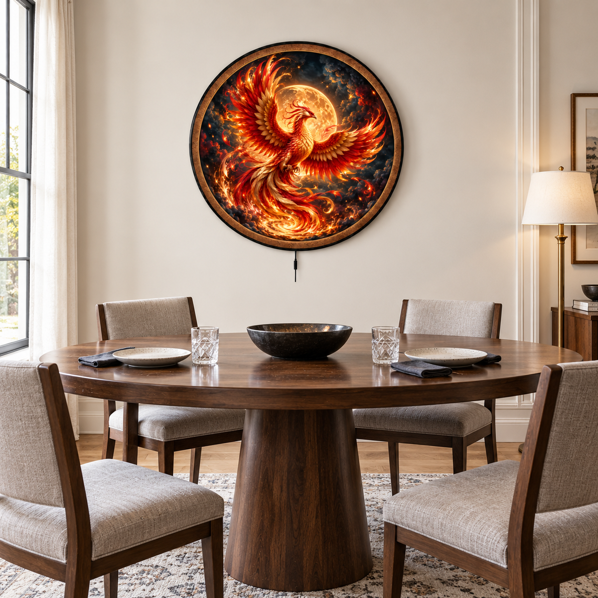 Eternal Phoenix – Golden Fire Moon LED Wall Art
