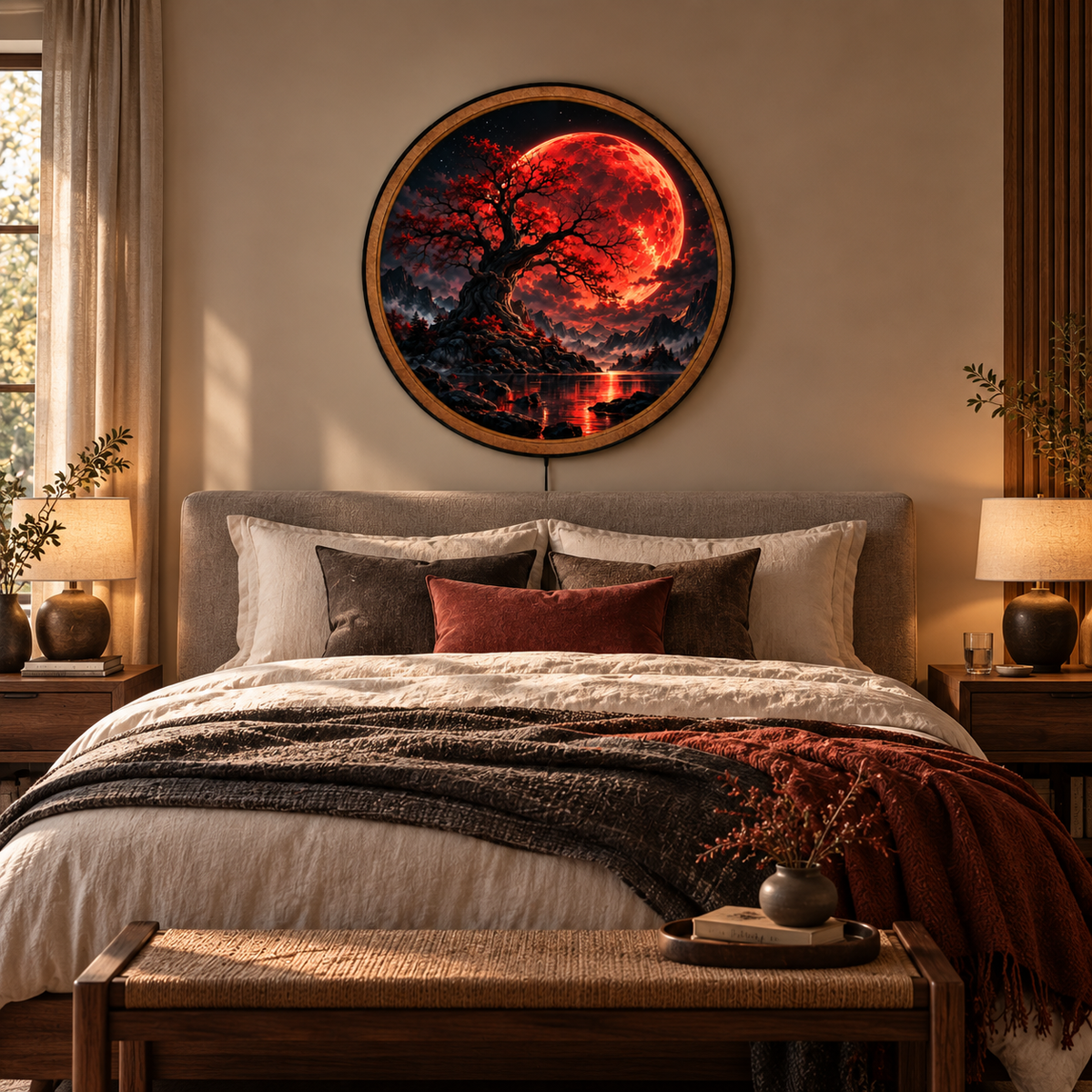 Handcrafted Blood Moon LED Wall Art – Crimson Tree & Red Moon Fantasy Landscape