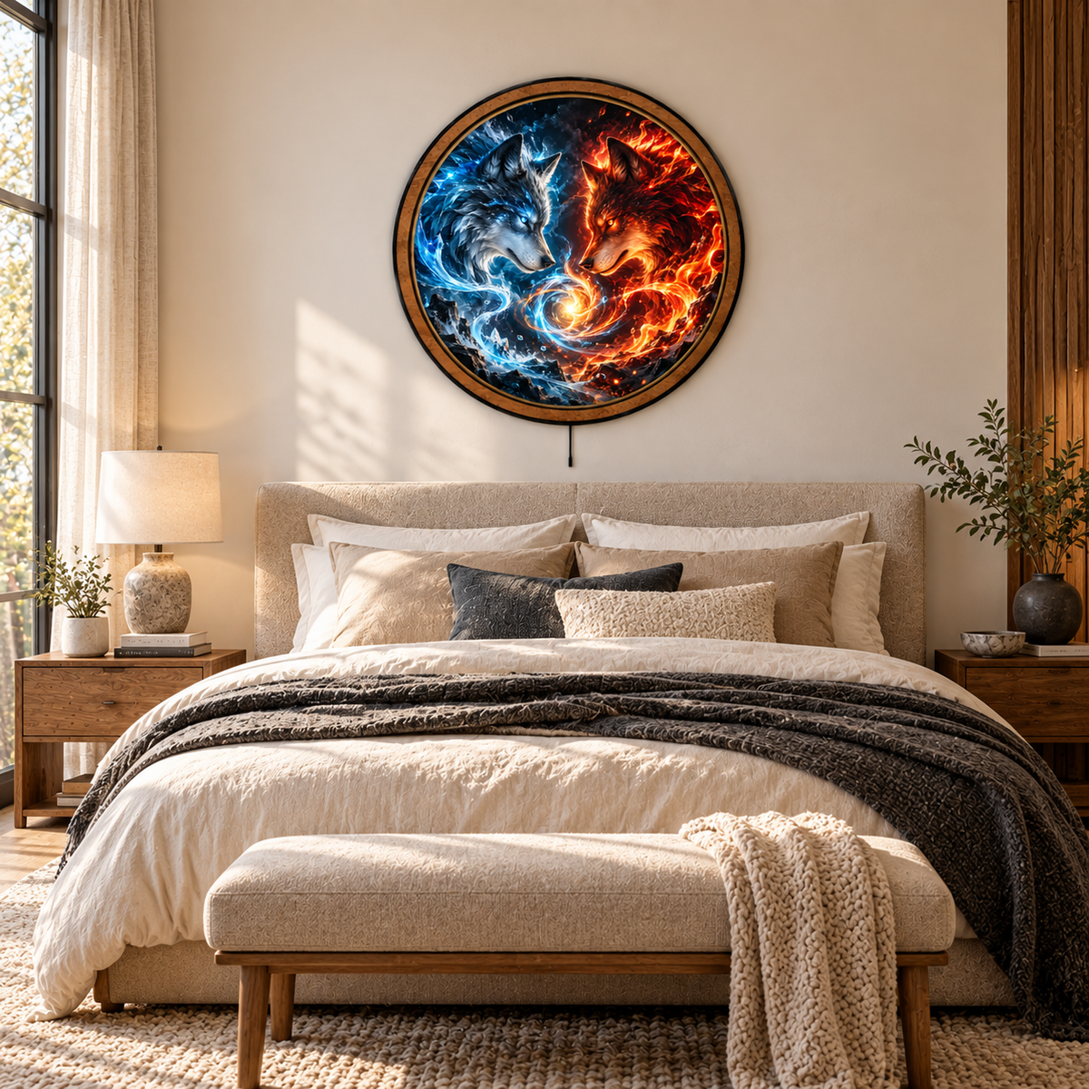 Handcrafted Fire & Ice Wolves LED Wall Art