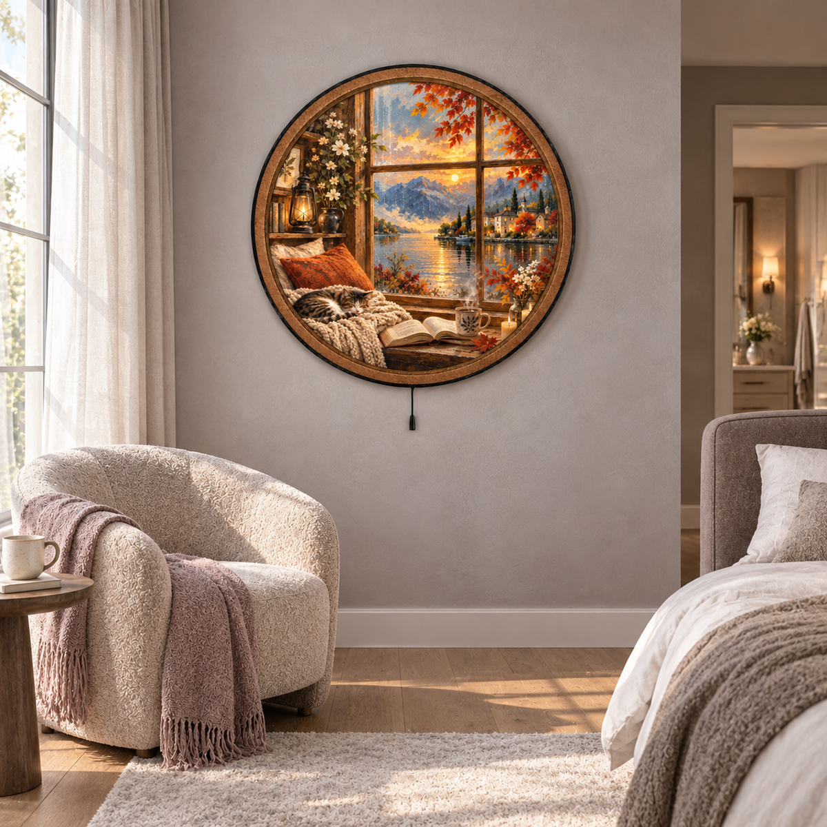 Cozy Autumn Window – Cat & Lake LED Wall Art