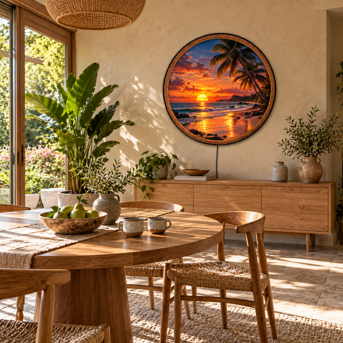 Handcrafted Tropical Sunset LED Wall Art – Palm Tree Beach & Ocean Sunset