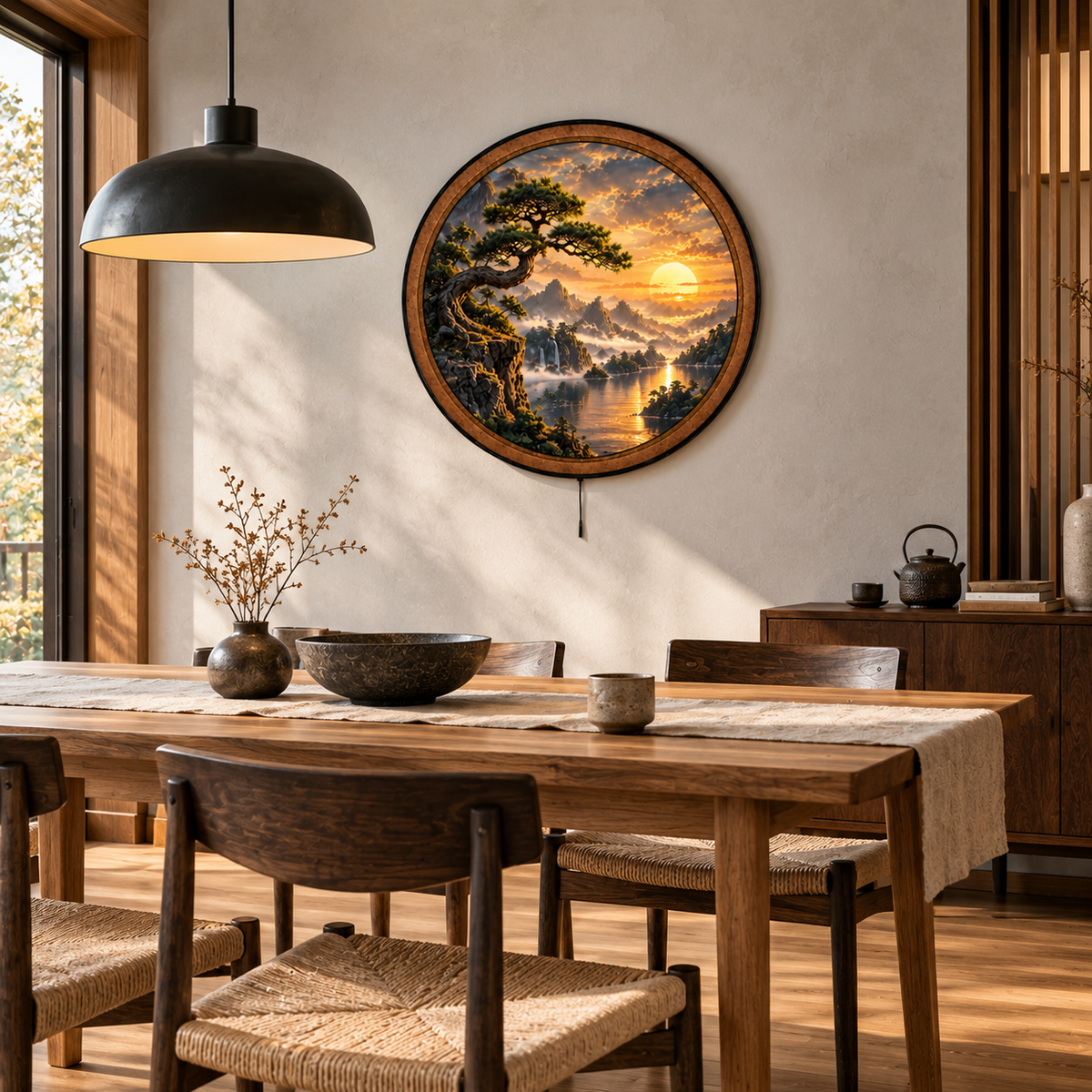 Ancient Pine Sunset – Handcrafted Round LED Wall Art
