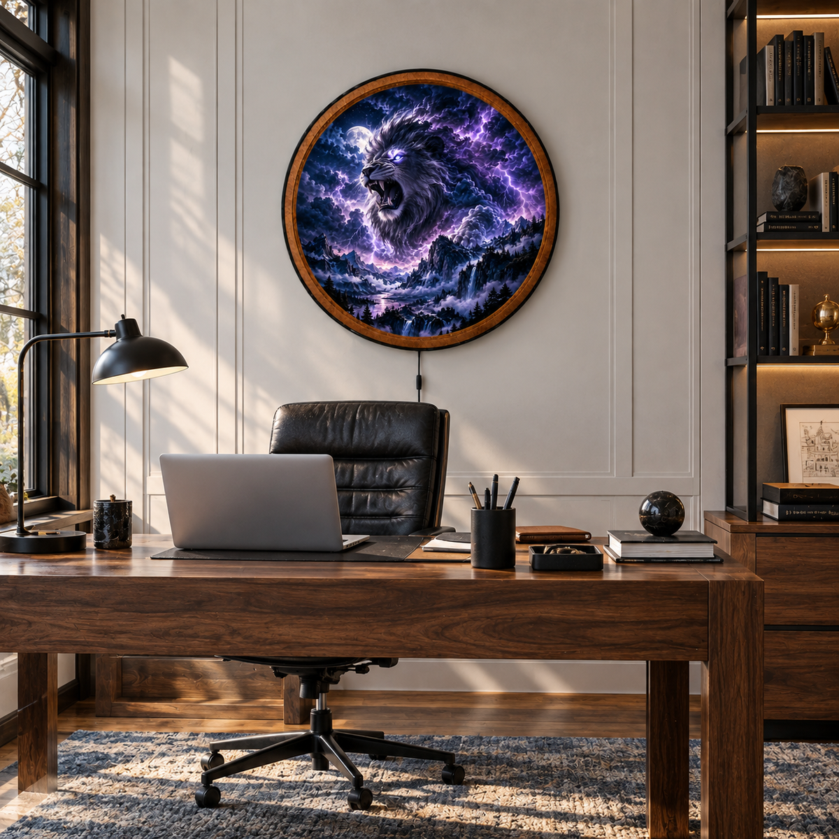 Storm Lion – Handcrafted Round LED Wall Art