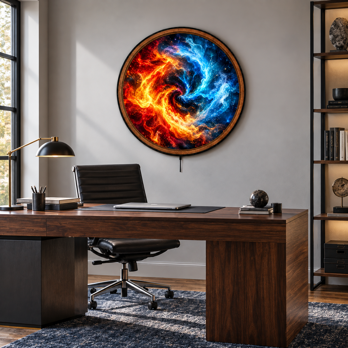 Fire & Ice Elemental Vortex – Abstract Round LED Wall Art