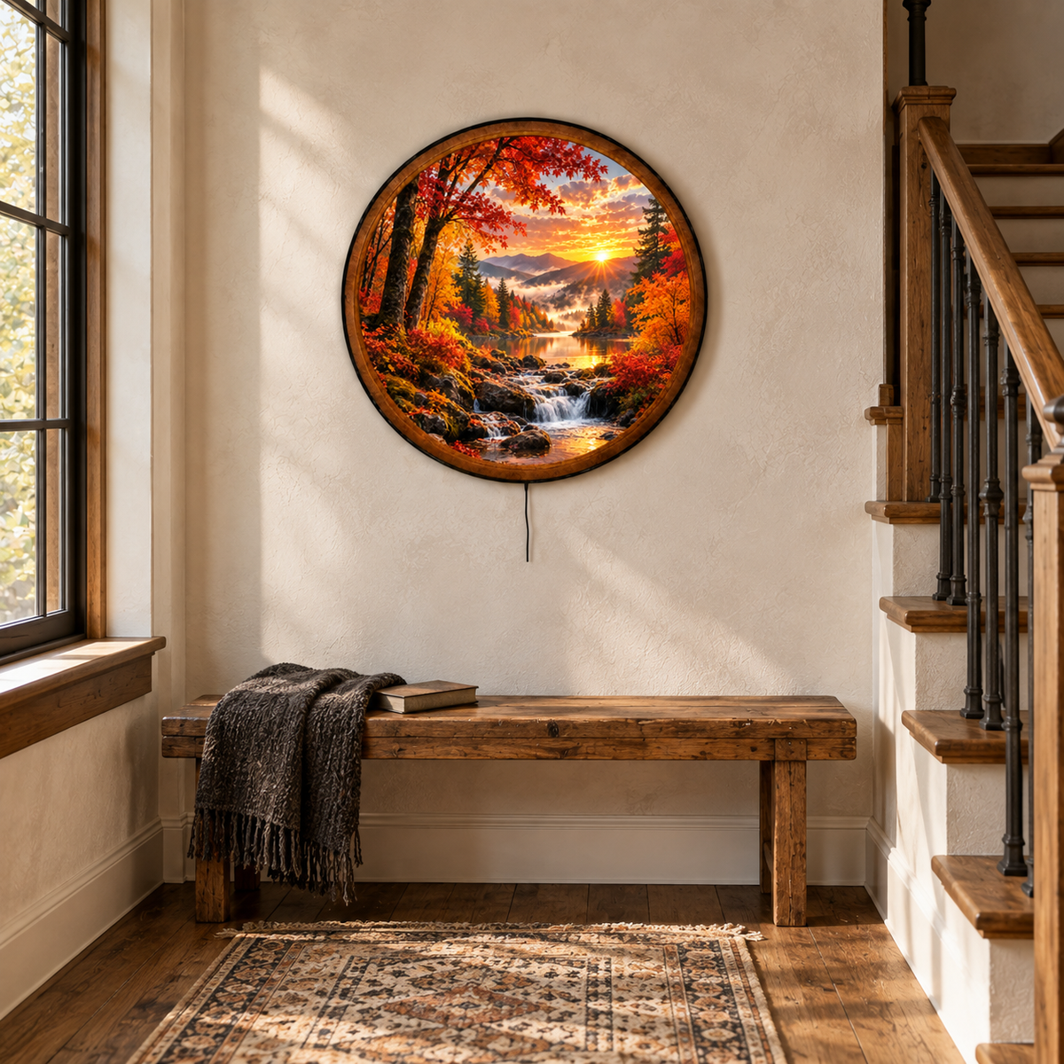 Handcrafted Autumn Mountain Sunrise LED Wall Art