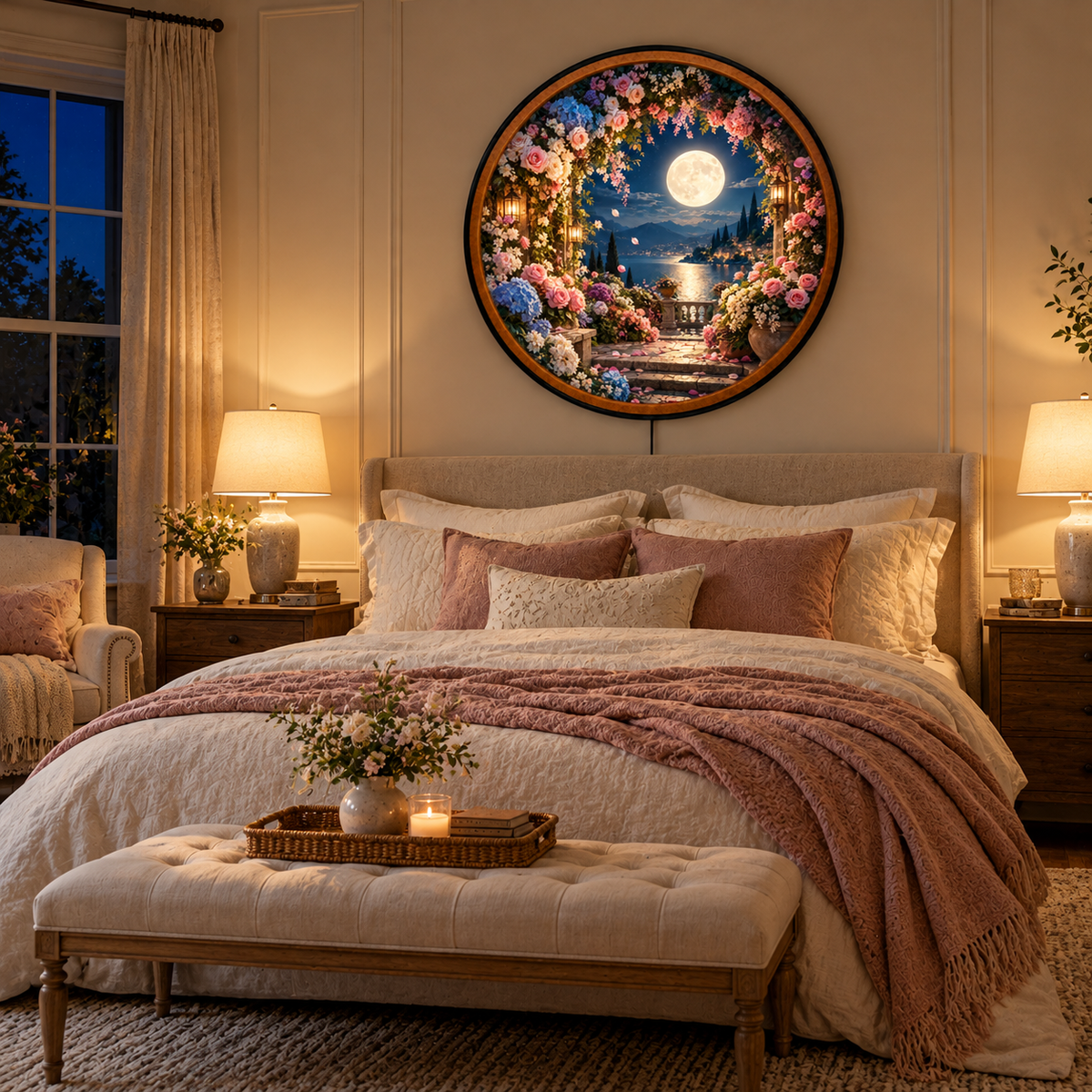 Moonlit Rose Garden – Handcrafted Round LED Wall Art