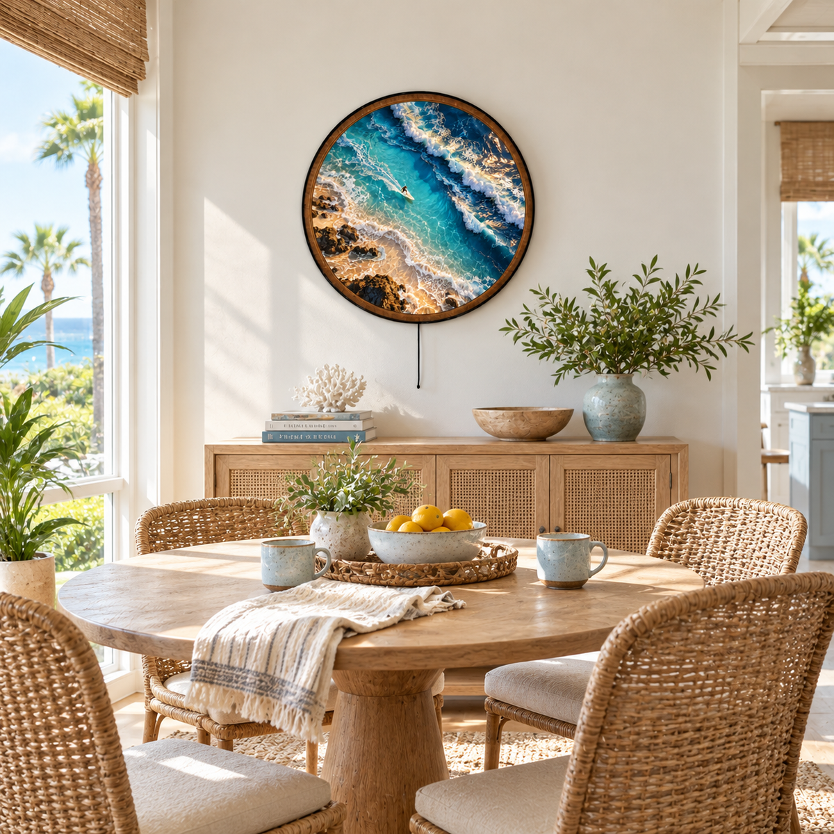 Handcrafted Ocean Waves LED Wall Art – Aerial Surfer & Turquoise Coastal Landscape, Beach House