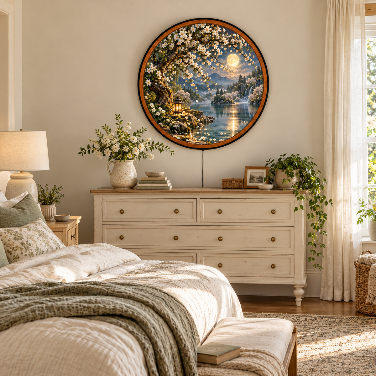 Moonlit Blossom Sanctuary – Handcrafted Round LED Wall Art