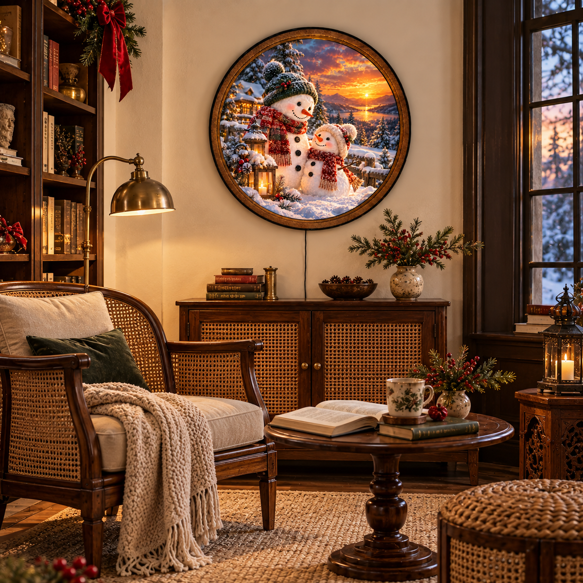 Handcrafted Christmas Snowman LED Wall Art – Cozy Winter Sunset & Snowman Family Holiday