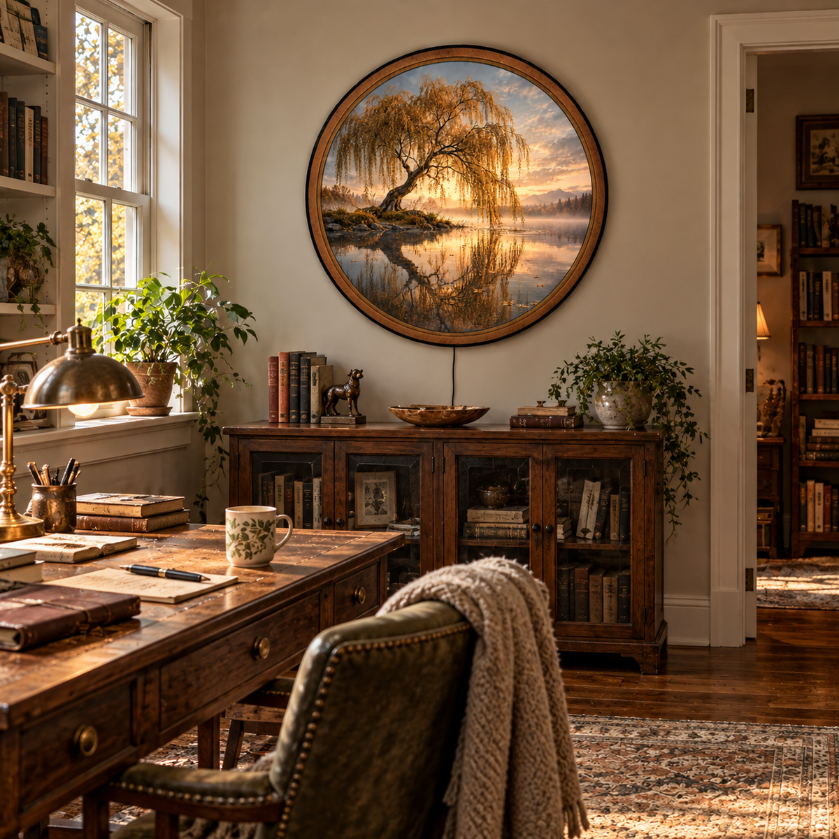 Handcrafted Golden Willow Tree LED Wall Art – Peaceful Sunset Lake Landscape, Rustic Nature