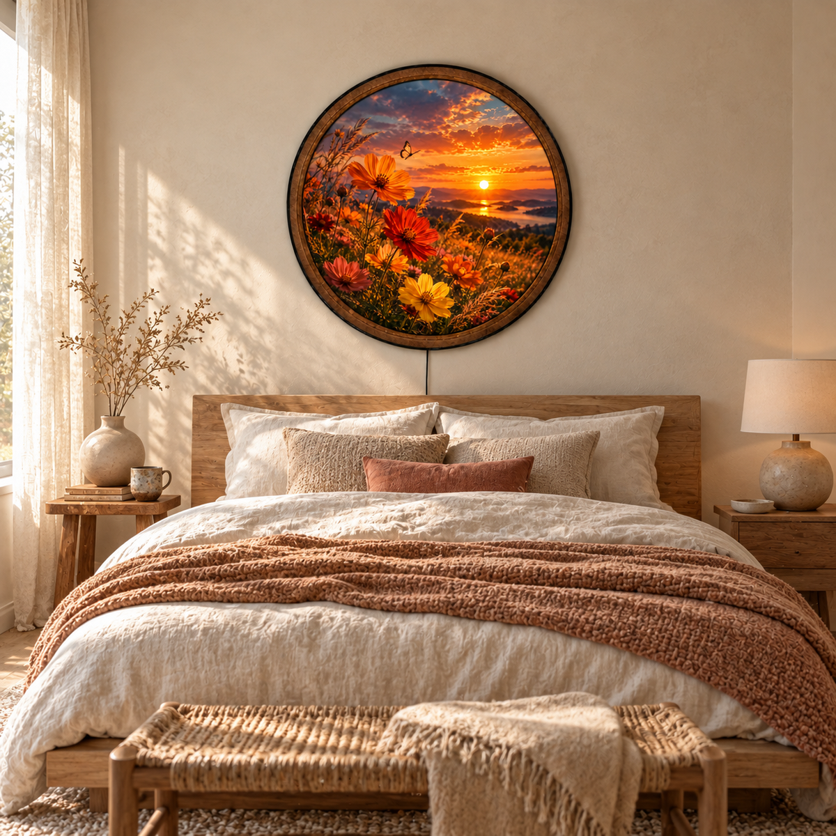 Handcrafted Sunset Wildflower LED Wall Art – Golden Hour Cosmos Flowers & Butterfly Nature