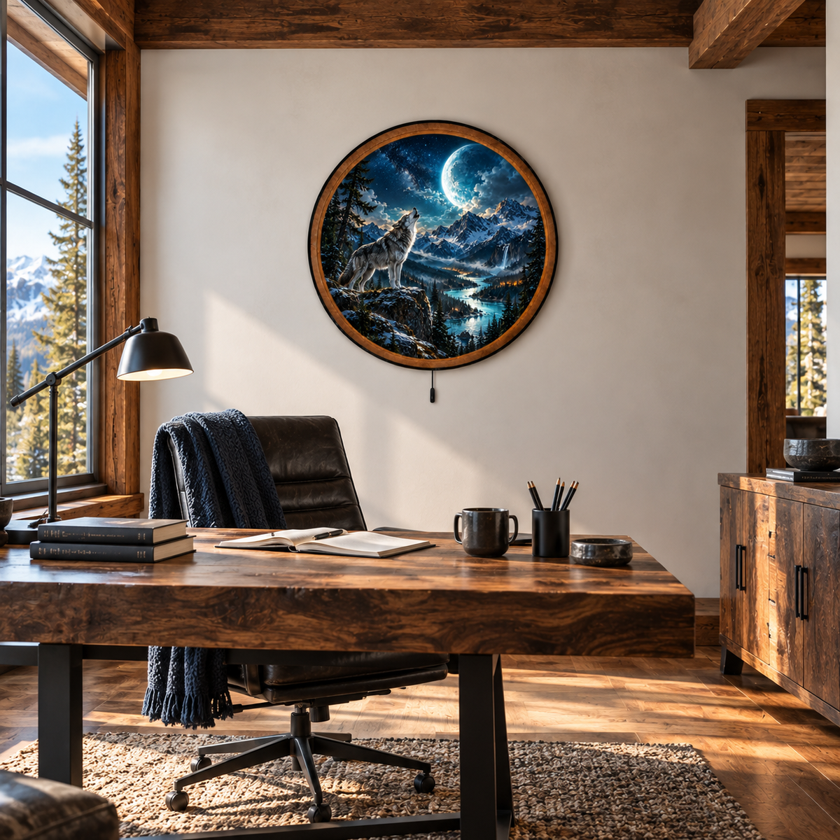 Howling Wolf Moon Mountain Circular LED Wall Art