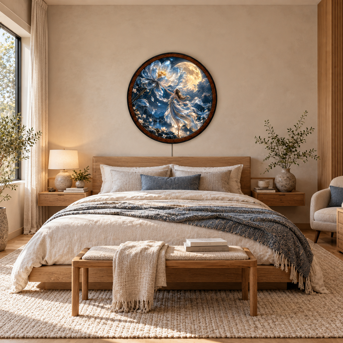 Ethereal Moon Goddess & White Flower Fantasy  – Handcrafted LED Wall Art