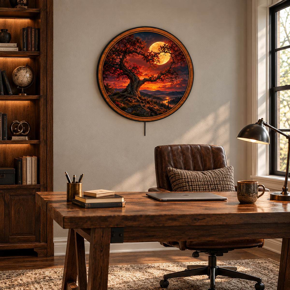 Crimson Moon Ancient Tree Circular LED Wall Art