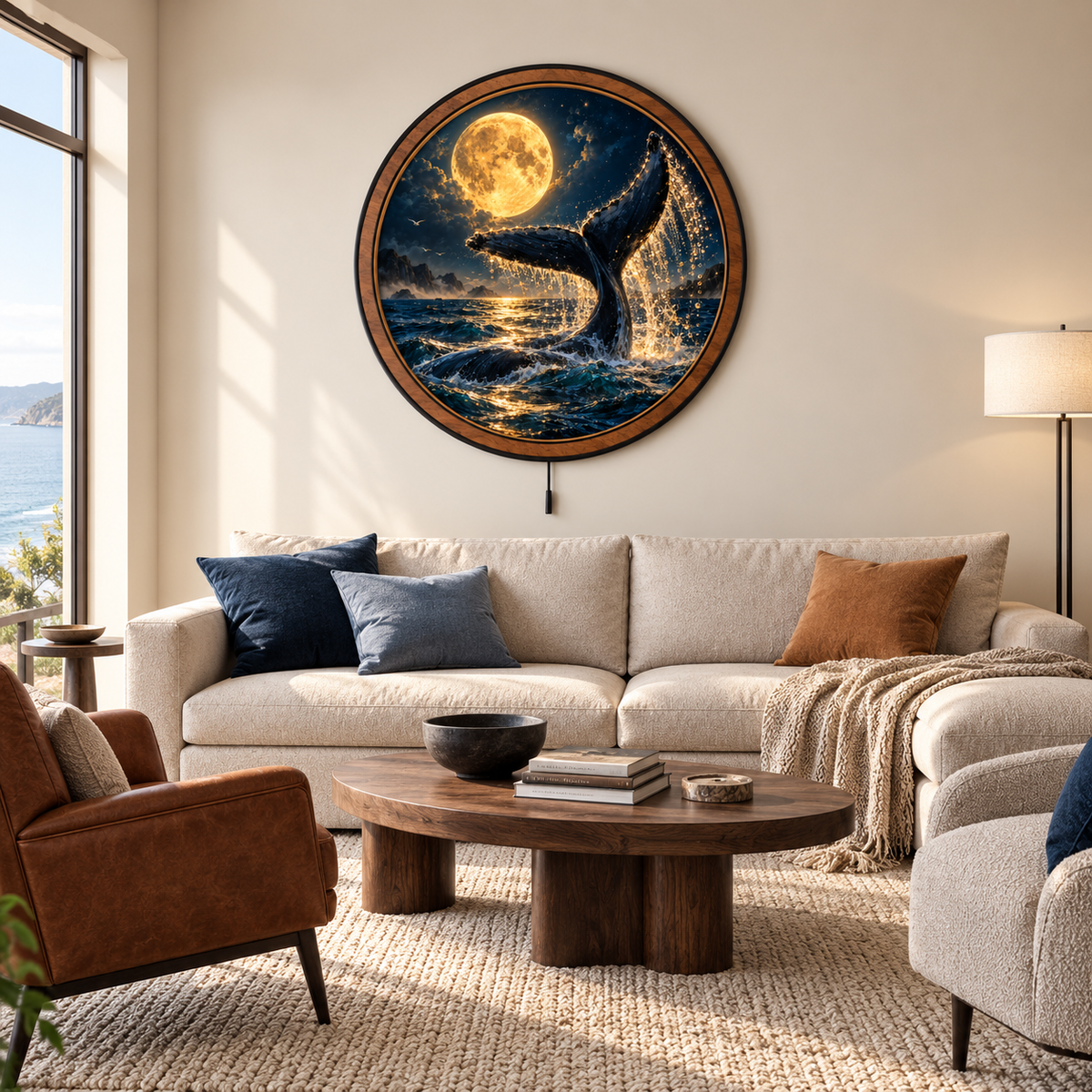 Golden Moon Whale – Midnight Tide LED Wall Art