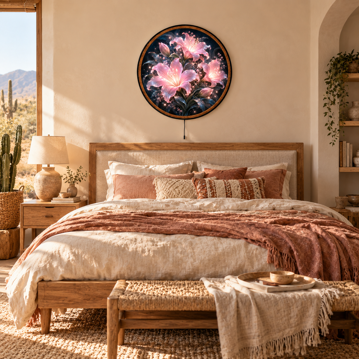 Enchanted Pink Lilies – Handcrafted Round LED Wall Art