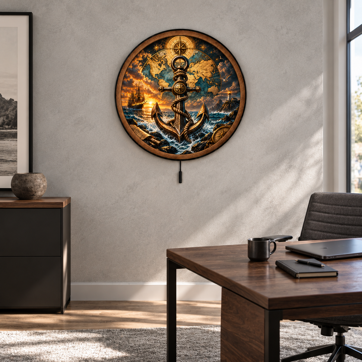 Golden Voyager Anchor – Nautical Compass LED Wall Art