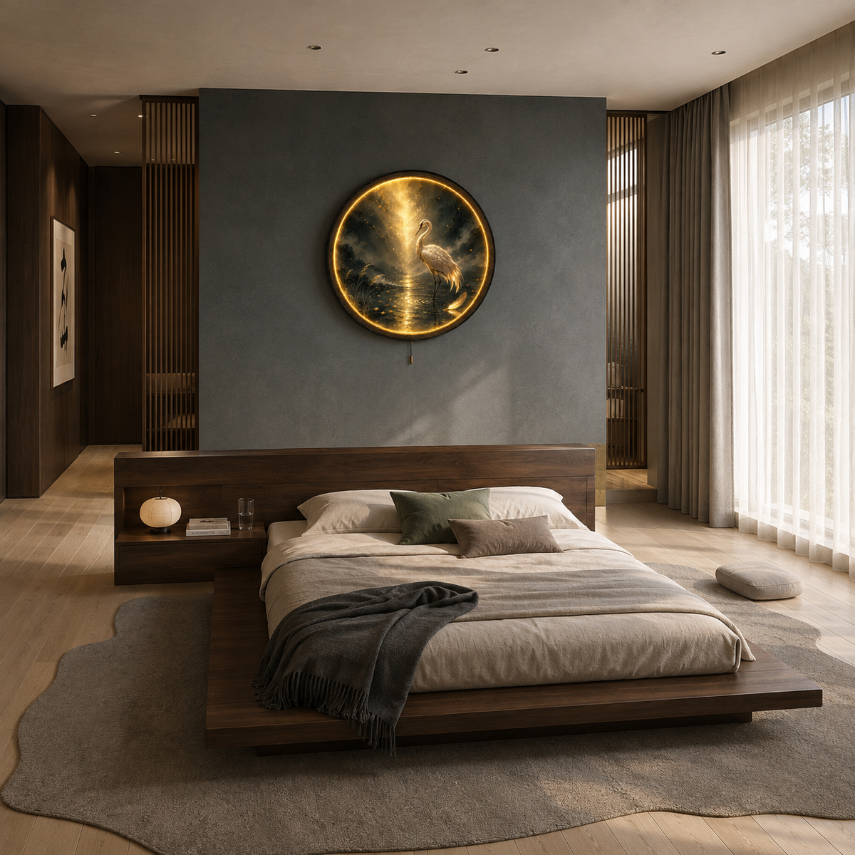 Golden Heron – Handcrafted Round LED Wall Art