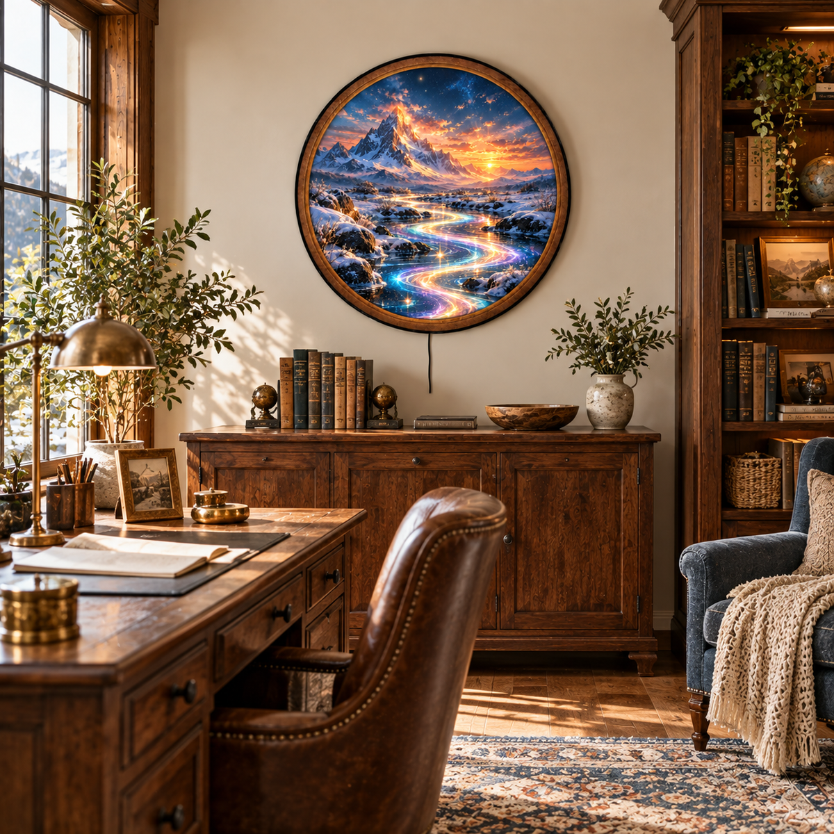 Handcrafted Magical River LED Wall Art – Rainbow Light Stream, Snowy Mountain Sunset & Fantasy Landscape