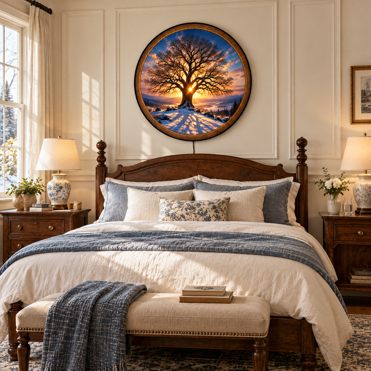 Handcrafted Tree of Life LED Wall Art – Winter Oak Tree at Golden Sunset, Rustic Nature