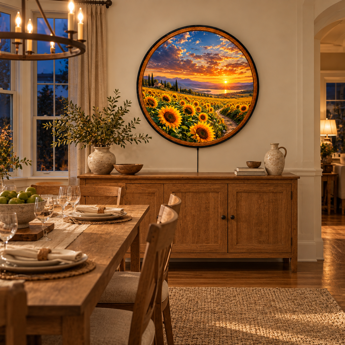 Golden Sunflower Sunset – Handcrafted Round LED Wall Art