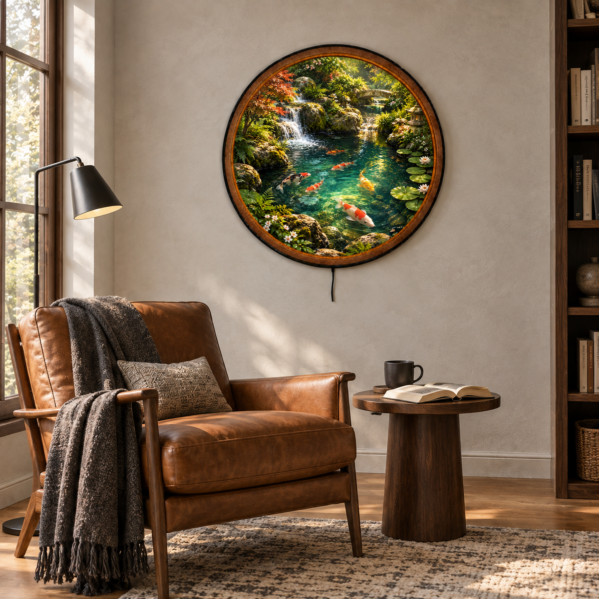 Koi Garden Waterfall Serenity Circular LED Wall Art