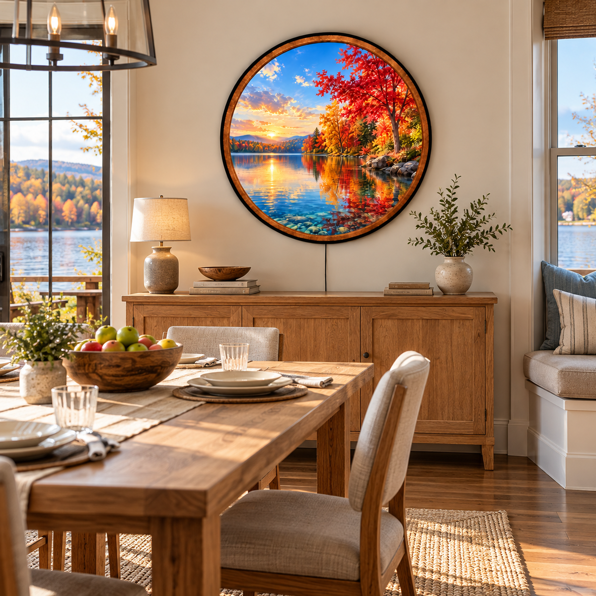 Autumn Lake Sunset – Handcrafted Round LED Wall Art