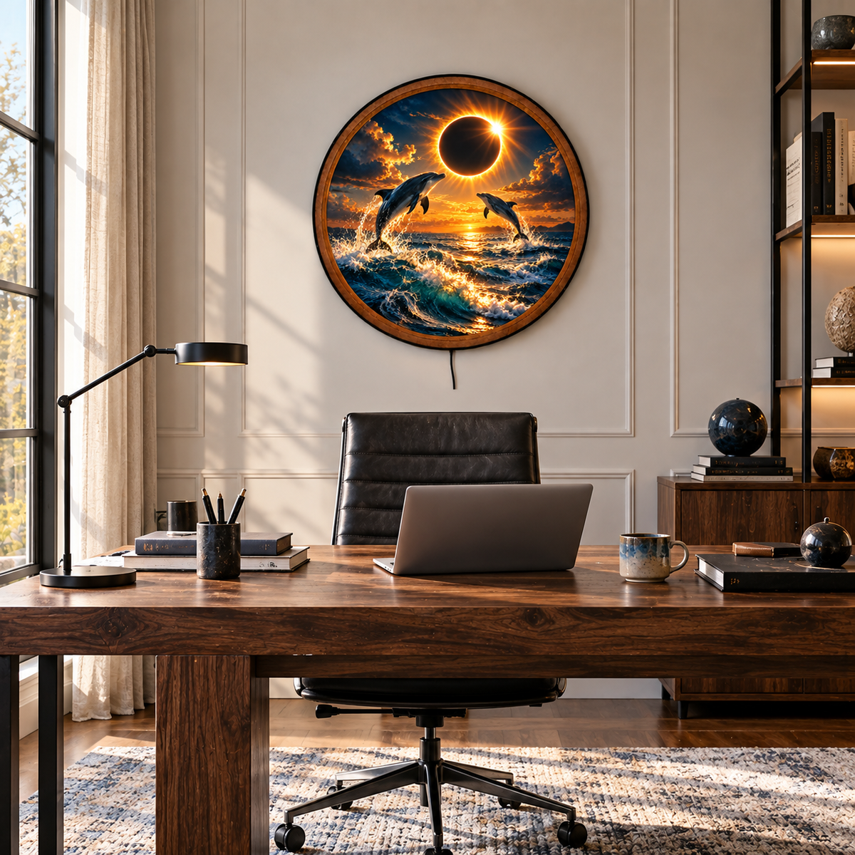 Solar Eclipse Dolphins – Handcrafted Round LED Wall Art