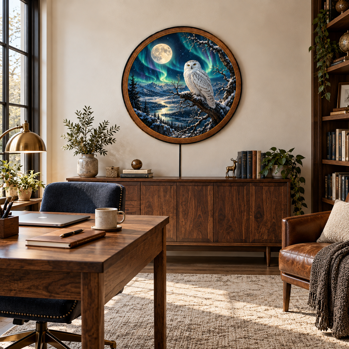 Handcrafted Snowy Owl LED Wall Art – Northern Lights & Full Moon, Winter Wildlife