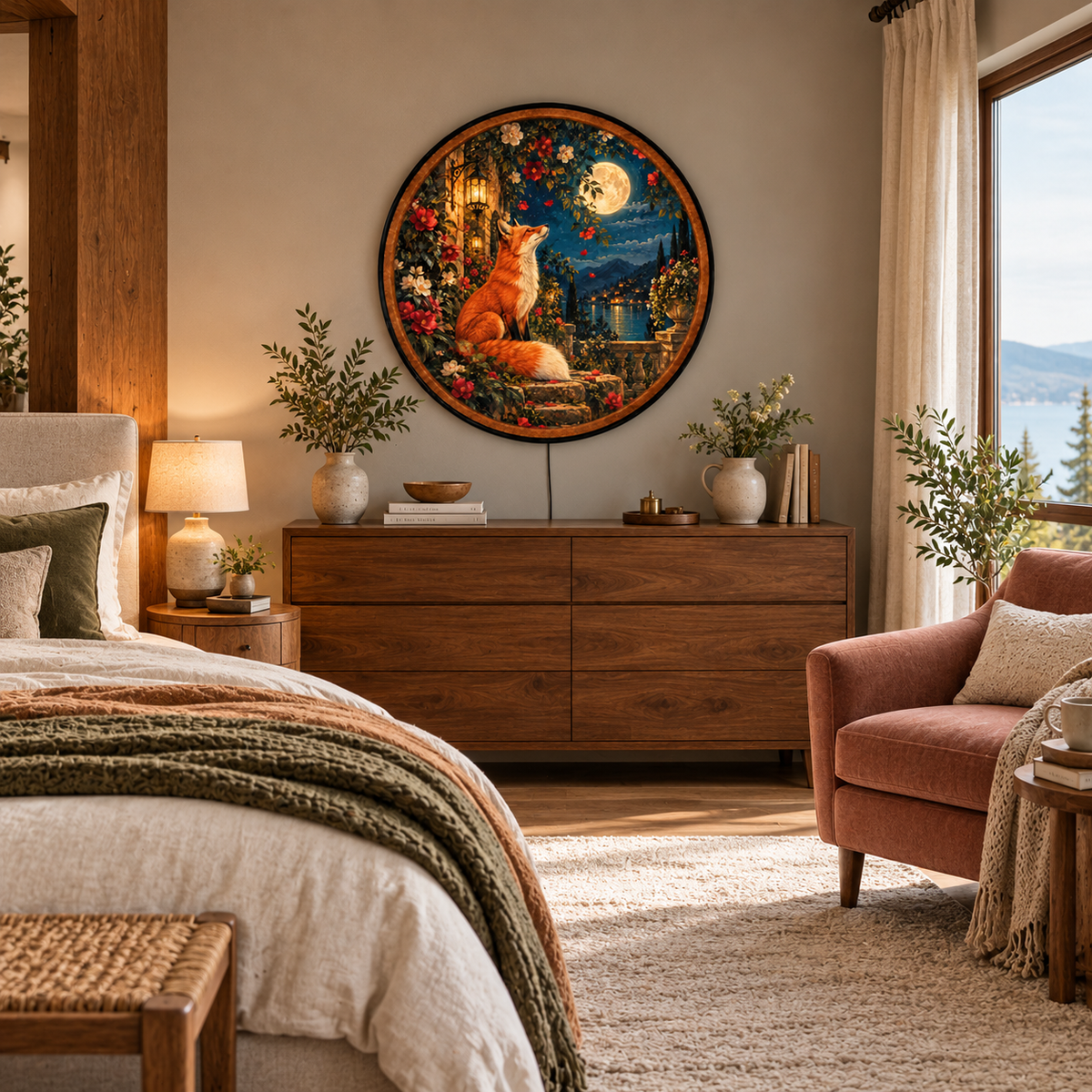 Moonlit Fox Garden – Handcrafted LED Wall Art | Red Fox & Full Moon Floral Decor