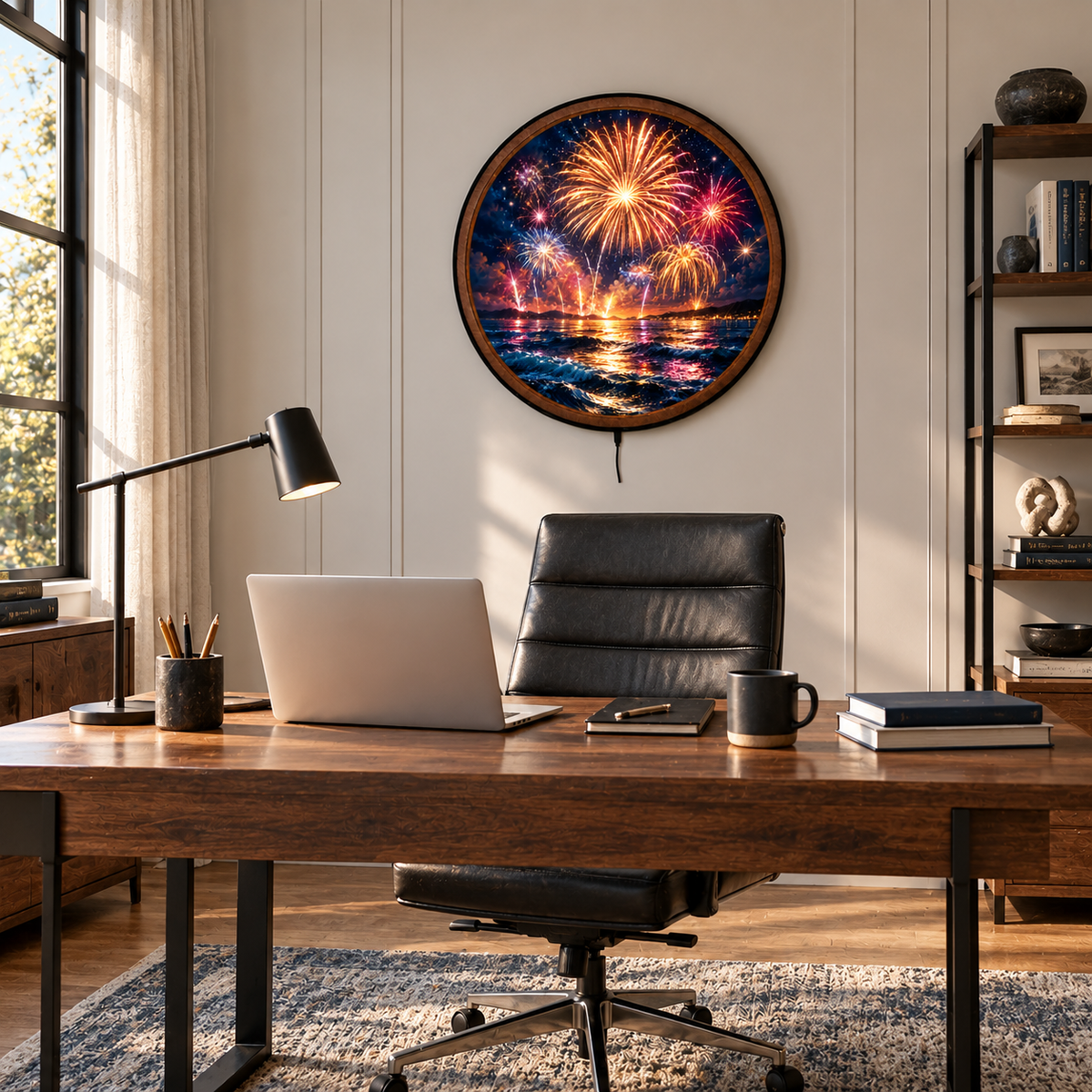 Ocean Fireworks Celebration – Handcrafted Round LED Wall Art