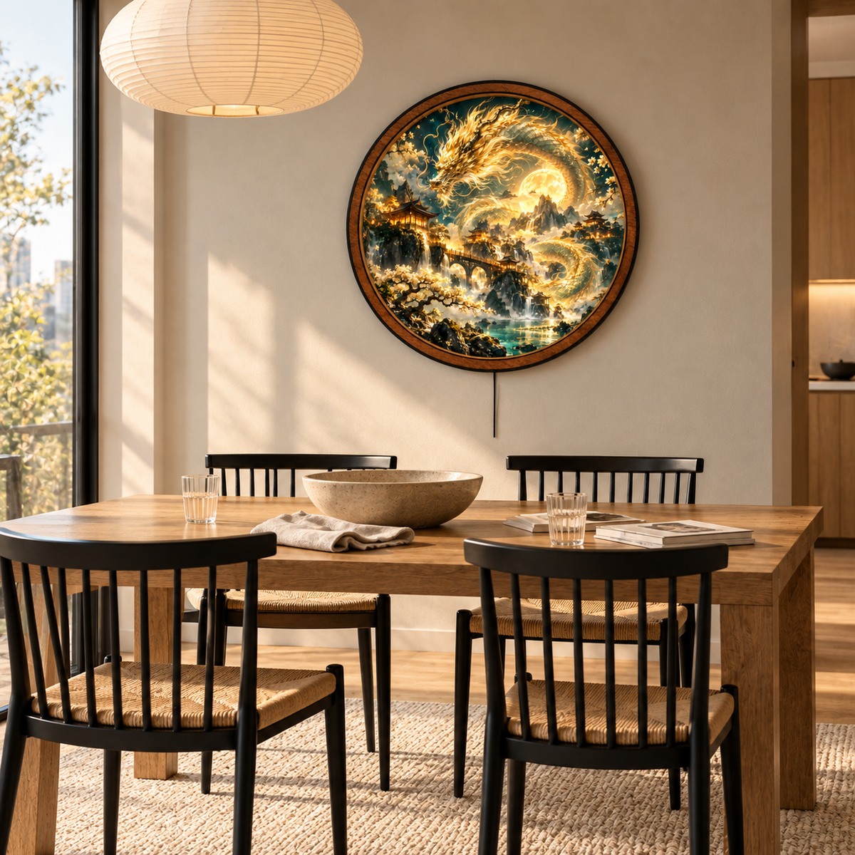 Golden Celestial Dragon – Fantasy Round LED Wall Art