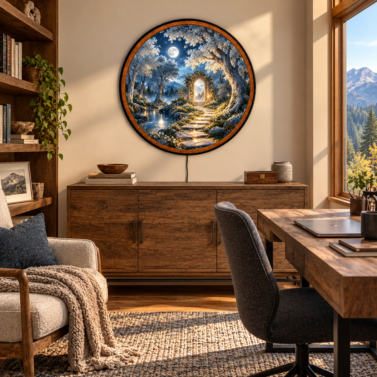 The Moonlit Gate – Handcrafted Round LED Wall Art