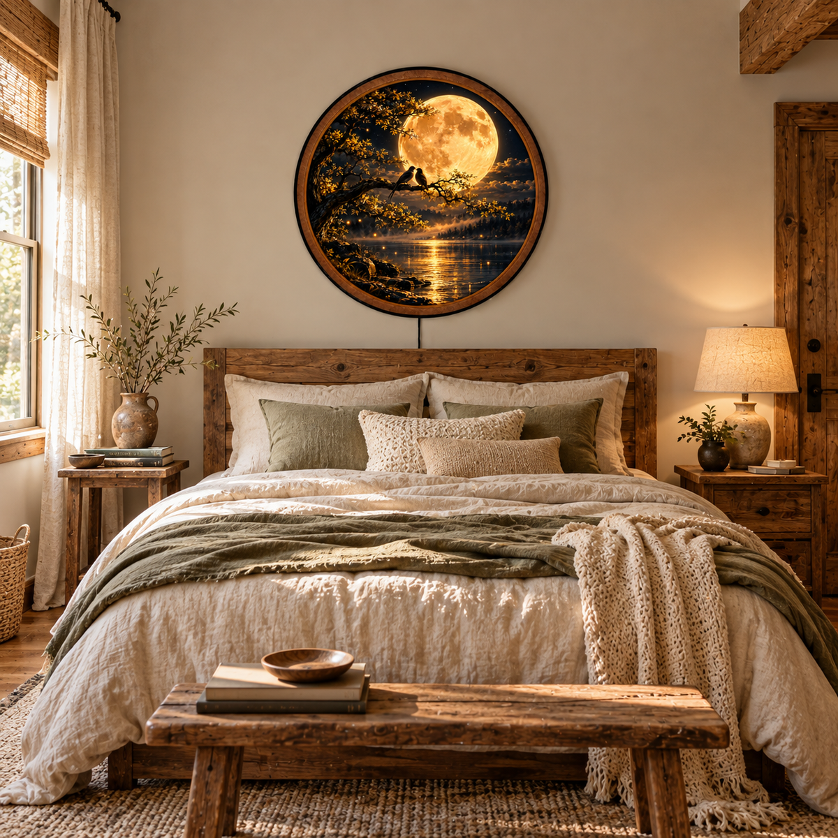 Handcrafted Golden Moon Lovebirds LED Wall Art – Romantic Birds & Full Moon