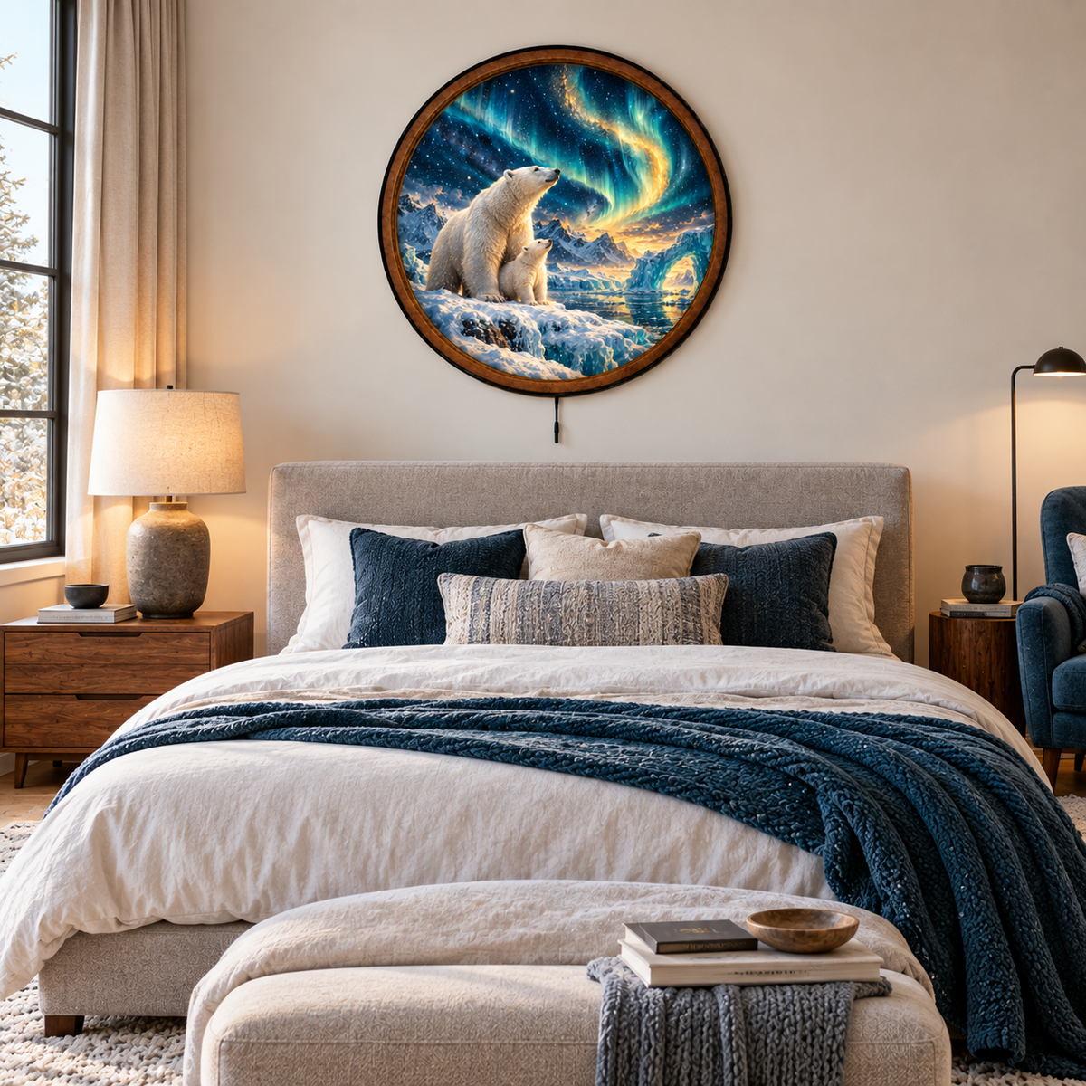 Polar Bear Aurora Arctic Night Circular LED Wall Art