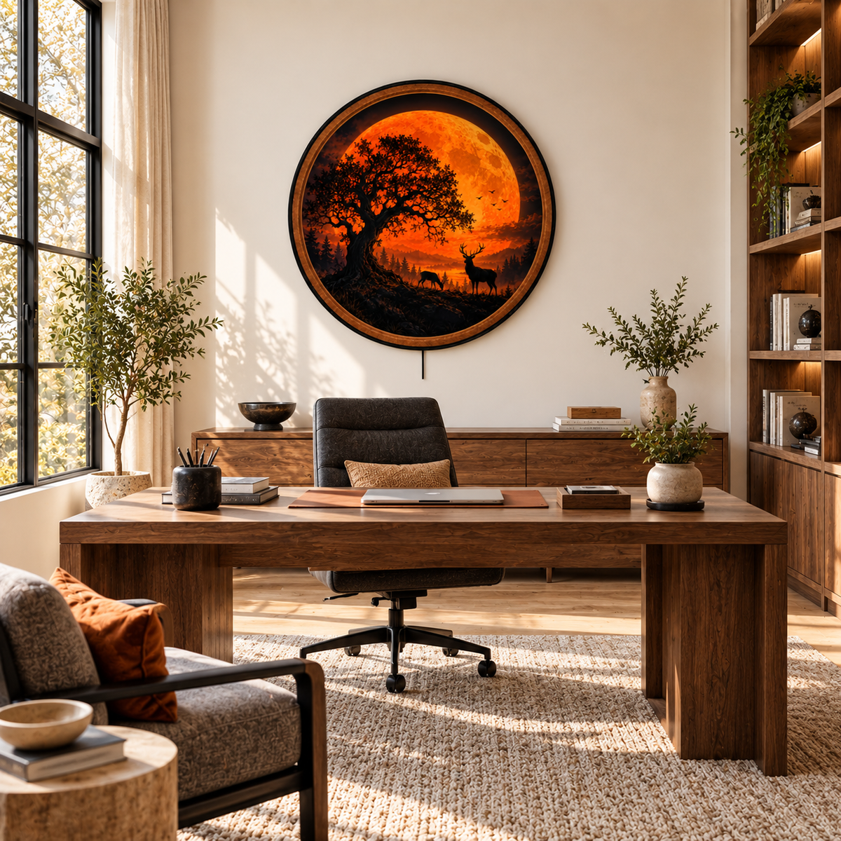 Harvest Moon Stag – Handcrafted Round LED Wall Art