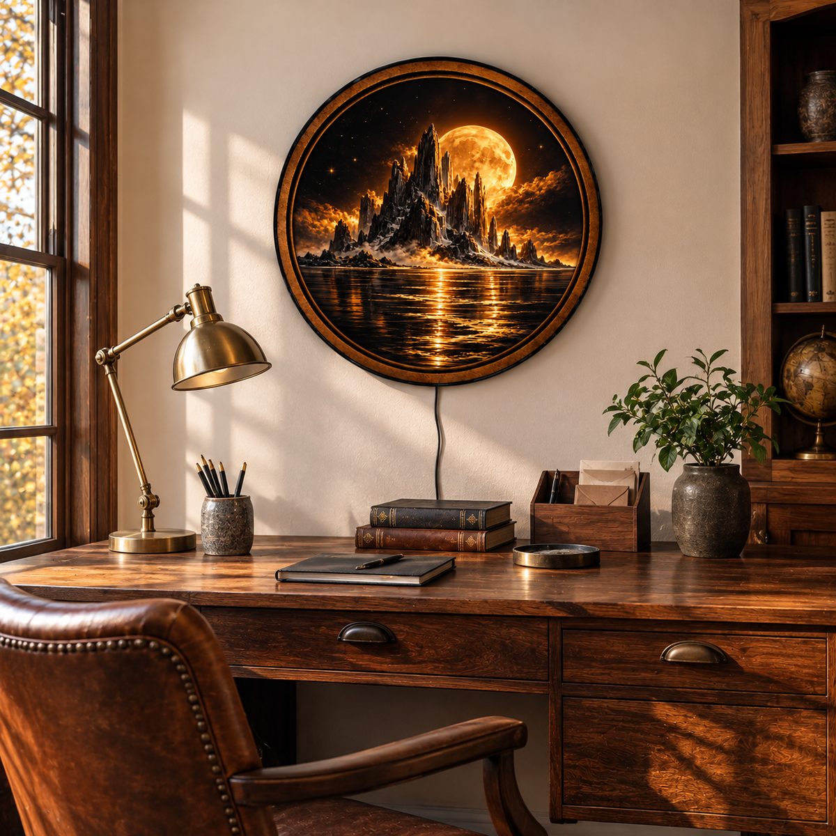 Handcrafted Golden Moon Mountain LED Wall Art – Mystical Black & Gold Landscape, Full Moon Night Sky Decor