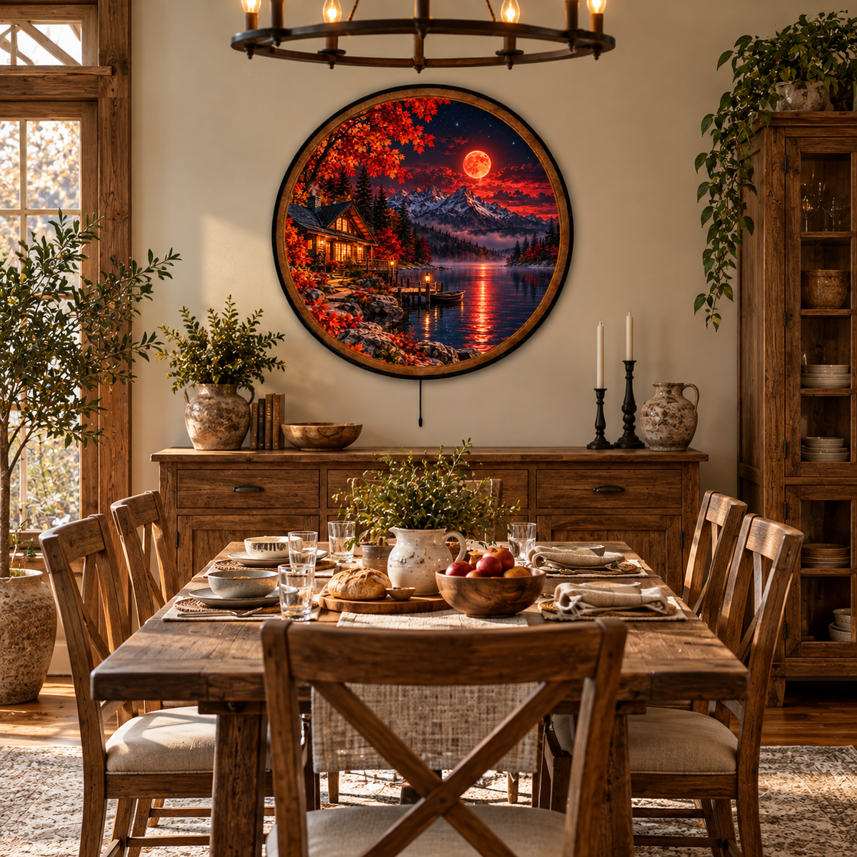 Crimson Moon – Handcrafted Autumn Cabin LED Wall Art | Red Moon Mountain Lake Decor