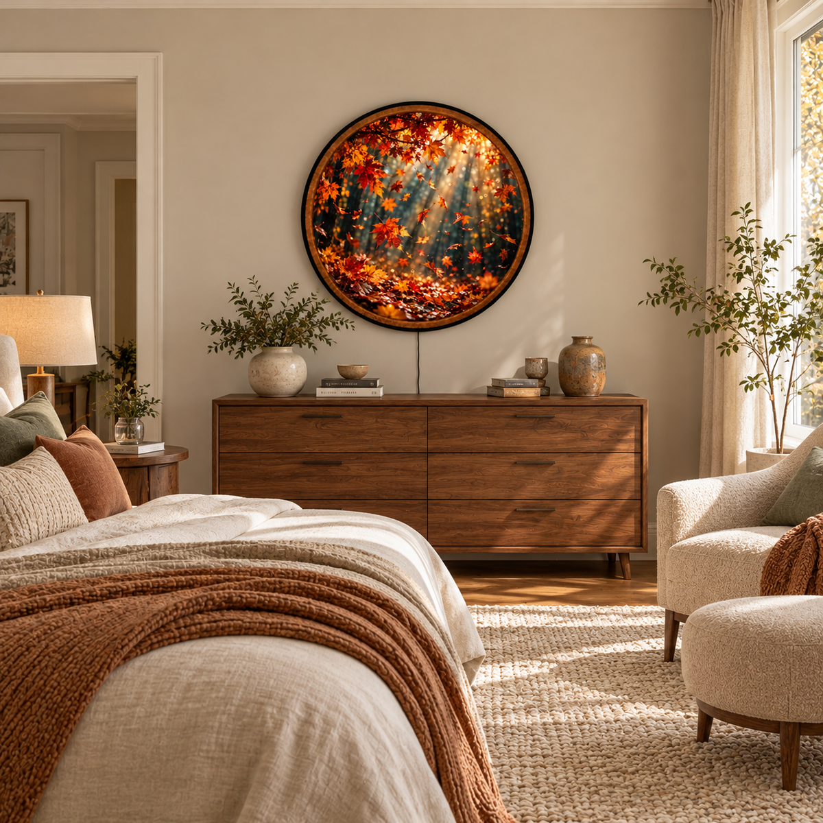 Autumn Whispers – Handcrafted LED Wall Art | Falling Maple Leaves & Golden Sunlight