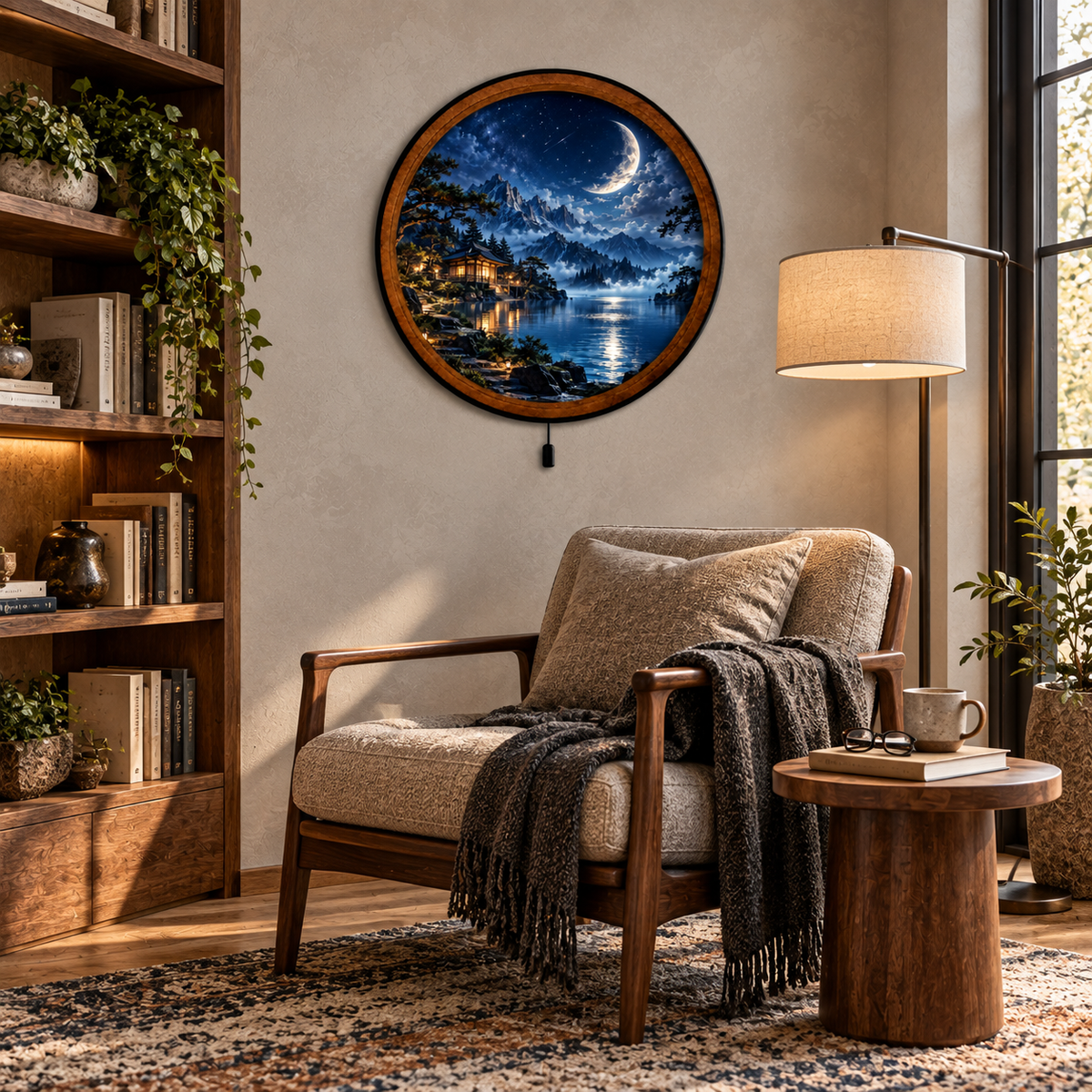 Handcrafted Moonlit Mountain LED Wall Art – Serene Lake & Japanese Pavilion