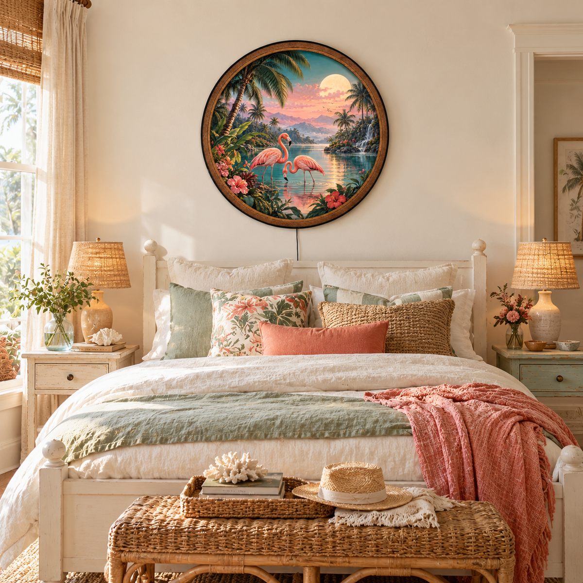 Handcrafted Pink Flamingo LED Wall Art – Tropical Paradise Sunset & Moon, Coastal Nature