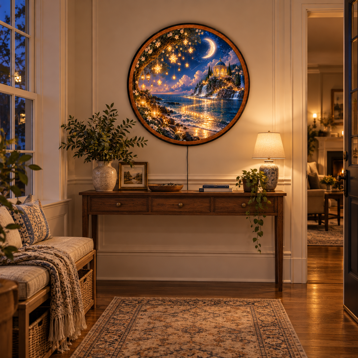 Starlit Moonlight Cove – Handcrafted Round LED Wall Art