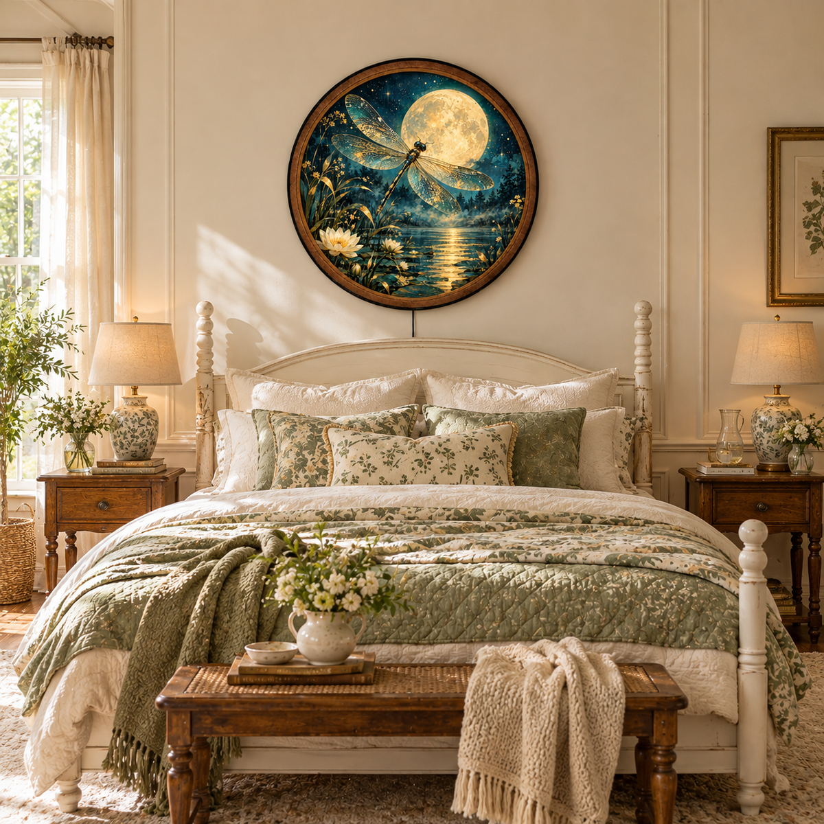 Handcrafted Dragonfly LED Wall Art – Golden Dragonfly & Moon, Mystical Lotus Pond