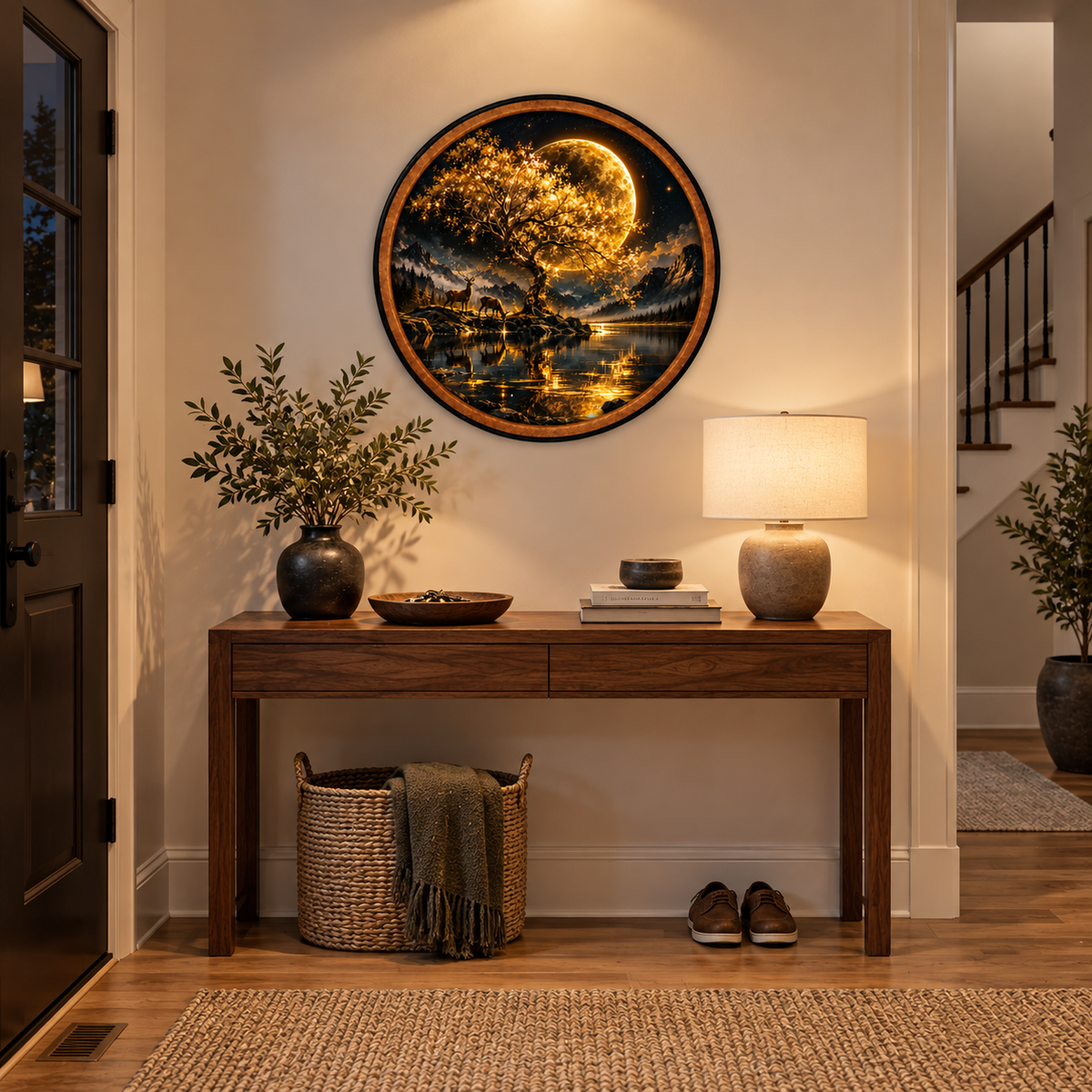 Golden Moonlight – Handcrafted LED Wall Art | Golden Tree, Full Moon & Deer