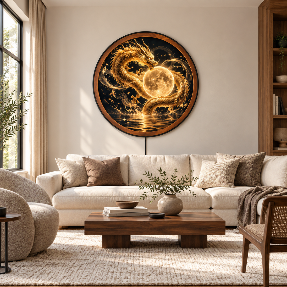 Golden Celestial Dragon Moon Circular LED Wall Art