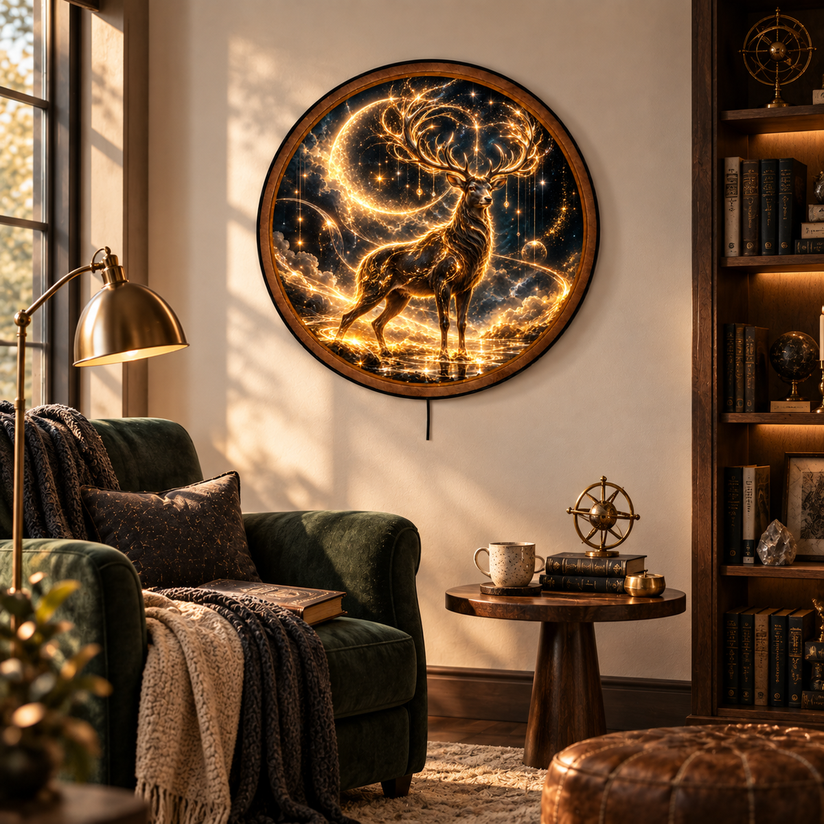 Celestial Stag Golden Moon Circular LED Wall Art