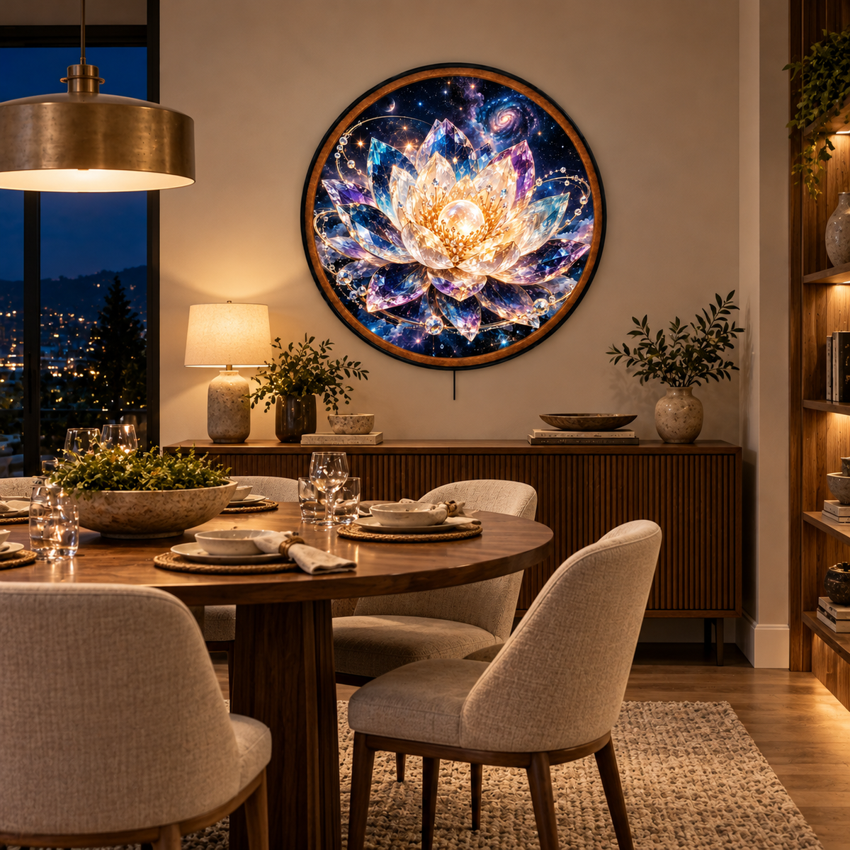 Celestial Crystal Lotus – Handcrafted Round LED Wall Art