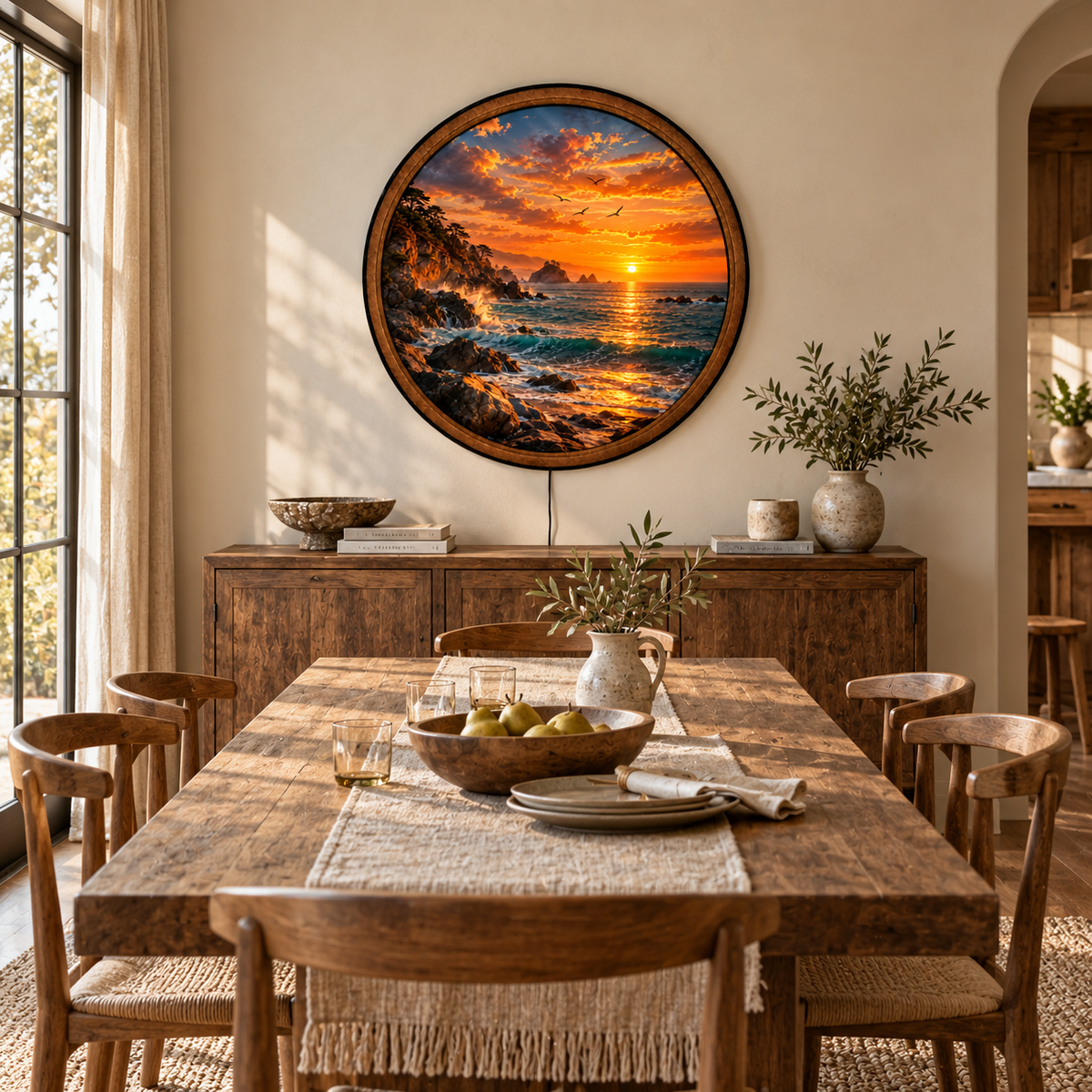 Handcrafted Ocean Sunset LED Wall Art – Golden Coastal Sunset & Rocky Beach