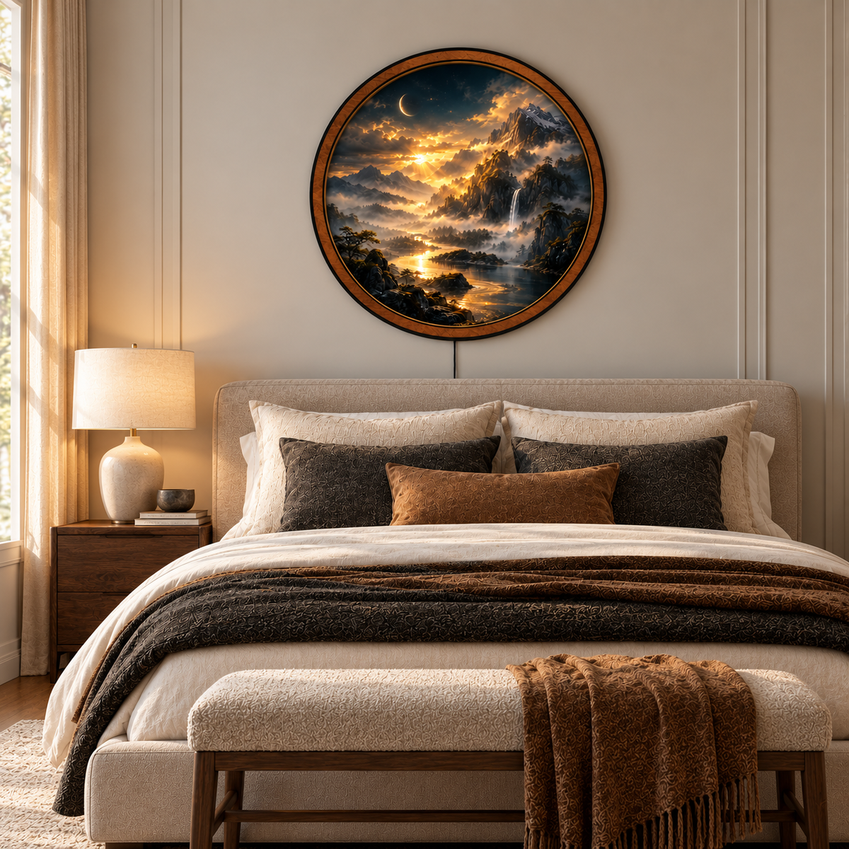 Golden Veil Celestial Mountain Sanctuary LED Wall Art