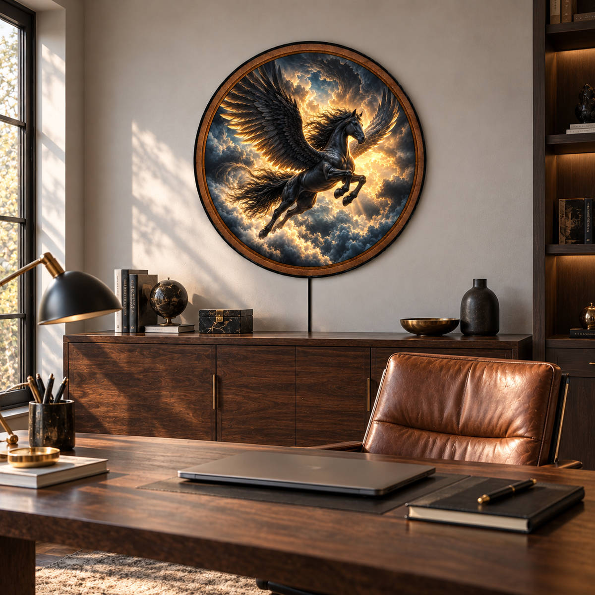 Black Pegasus Storm Clouds Circular LED Wall Art